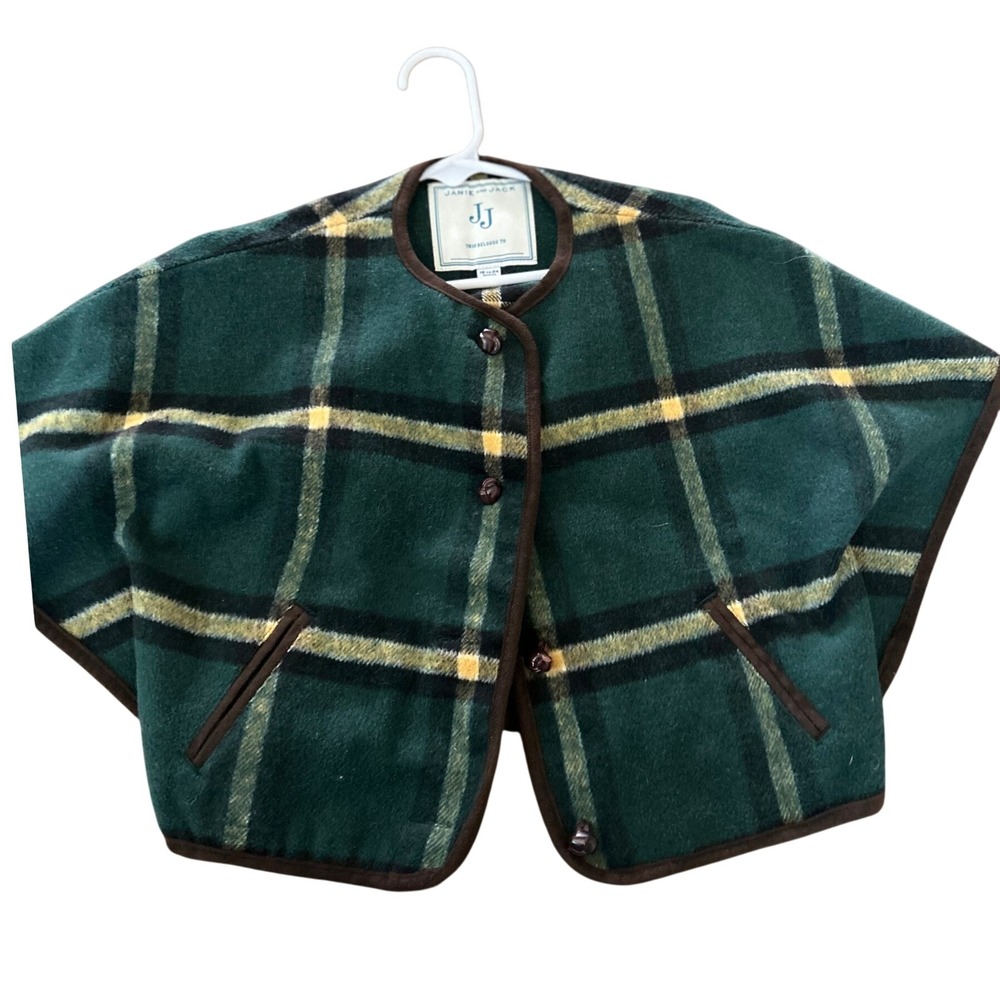 Janie and Jack Girls Green Plaid Button Front Capelet Outerwear Wrap